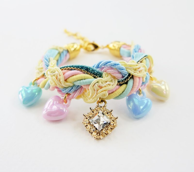Pastel braided bracelet with square diamond and pastel heart charm - 手鍊/手環 - 其他材質 黃色