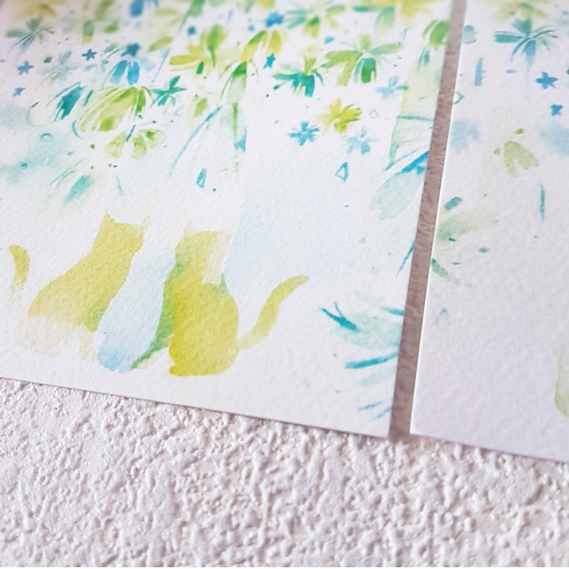 猫のリスニング夏 - 水彩画ポストカード - カード・はがき - 紙 グリーン