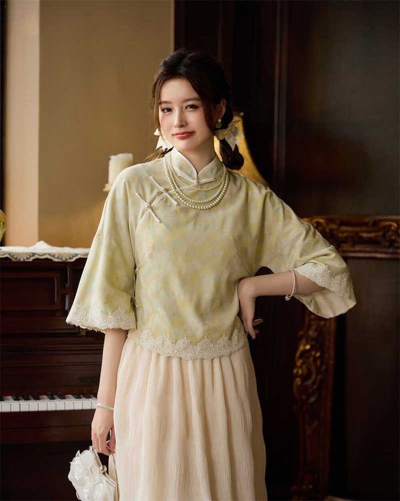 黃綠色 套裝可選 新中式國風茶服女士復古斜襟唐裝蕾絲上衣+裙子 - 旗袍/改良式旗袍 - 聚酯纖維 綠色
