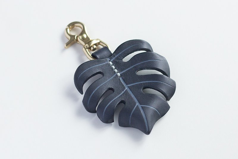 Monstera Deliciosa 黑龜背芋皮革黃銅掛飾 - 鑰匙圈/鎖匙扣 - 真皮 黑色