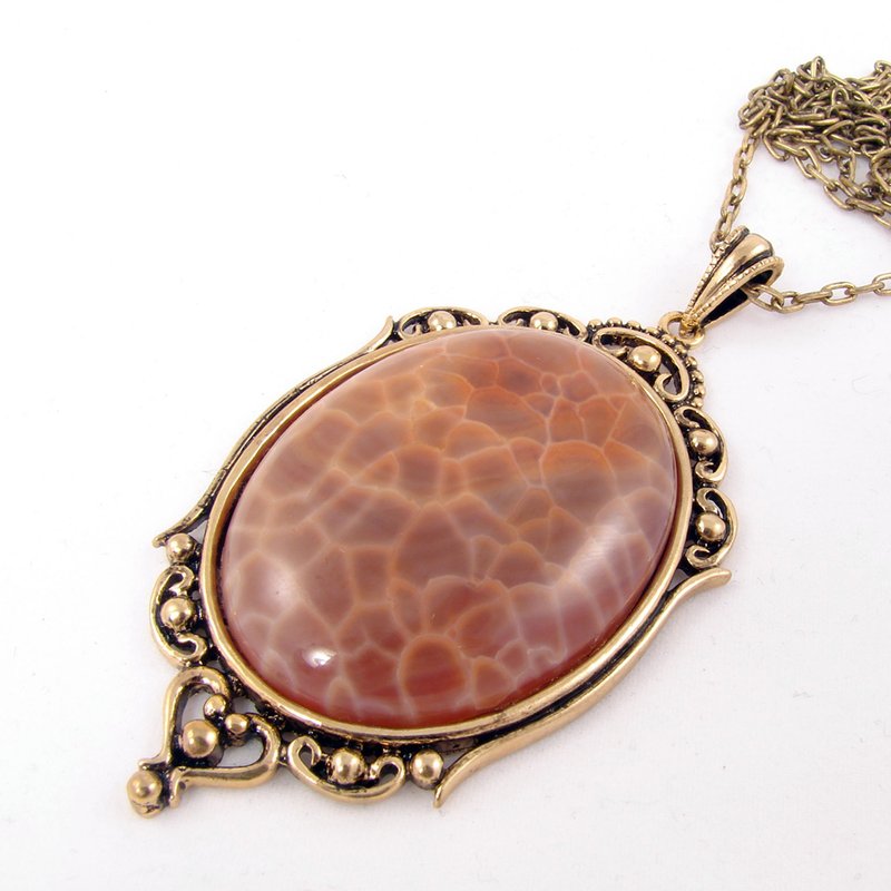 Fire Red Agate Necklace Orange Red Stone Victorian Era Pendant Necklace Jewelry - 項鍊 - 半寶石 紅色