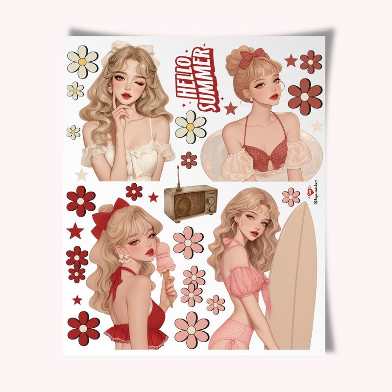 Vintage Summer Girls Character Sticker Set (3 Sheets) - 貼紙 - 紙 