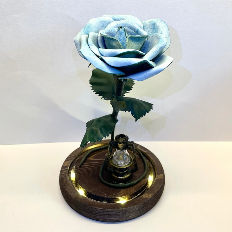 Handmade blue leather rose with glass bottle and lightable wooden base - ของวางตกแต่ง - หนังแท้ สีน้ำเงิน