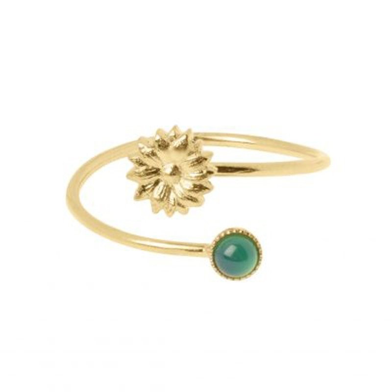 Mini flower and green agate thin ring - แหวนทั่วไป - โลหะ สีเขียว