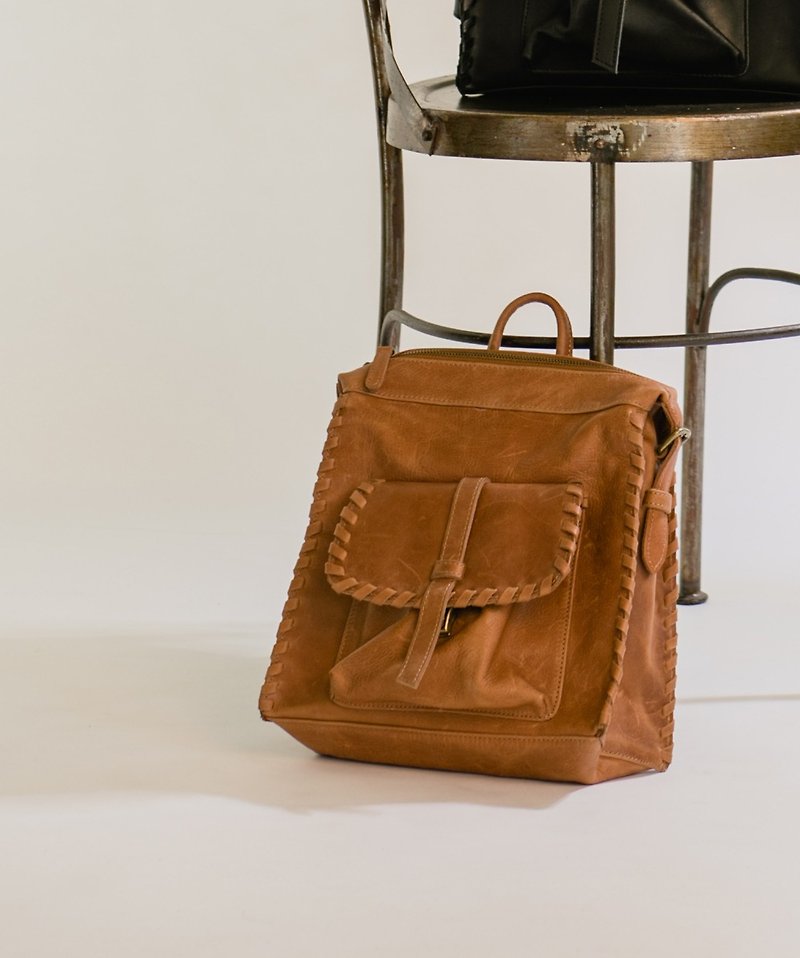 weave binding  small rectangle lerther  backpack-orange brown  - Backpacks - Genuine Leather Orange