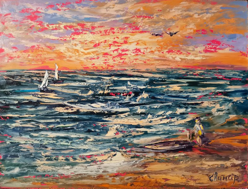 Sailboat Surfing Sea Sunset Seagulls Original Art Oil Painting Artist Svinar Oks - 其他 - 其他材質 多色