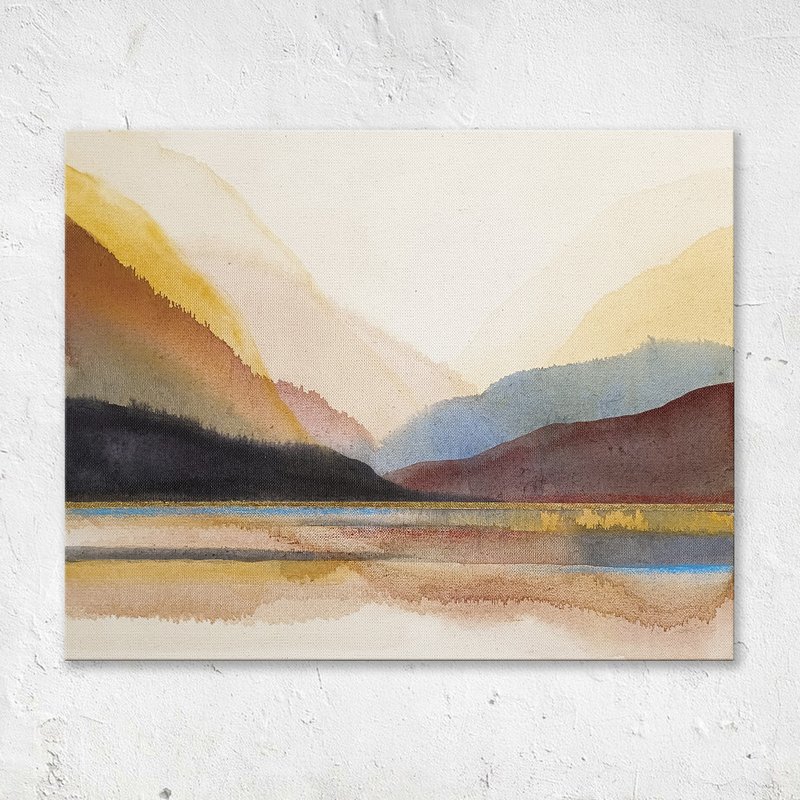 Mountain Lake Abstract Painting Minimalist Mountain Landscape Acrylic Painting - 海報/掛畫/掛布 - 其他材質 藍色