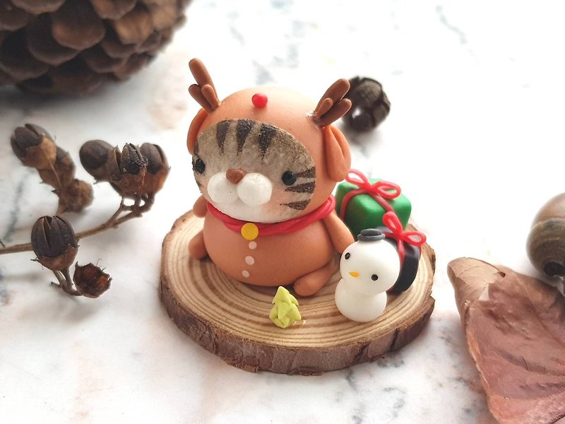Christmas Cat Micro Scenery-Elk Fatty (Single) - ของวางตกแต่ง - ดินเหนียว สีนำ้ตาล