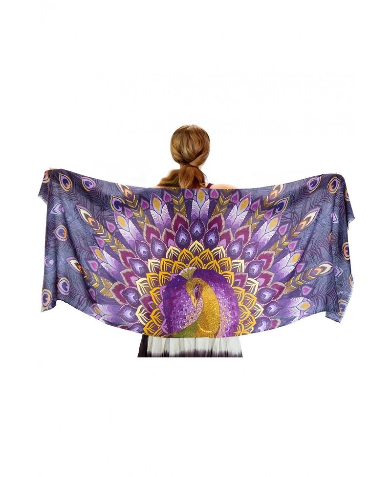 Purple Peacock Scarf - Silk Cashmere - ผ้าพันคอ - ผ้าฝ้าย/ผ้าลินิน 