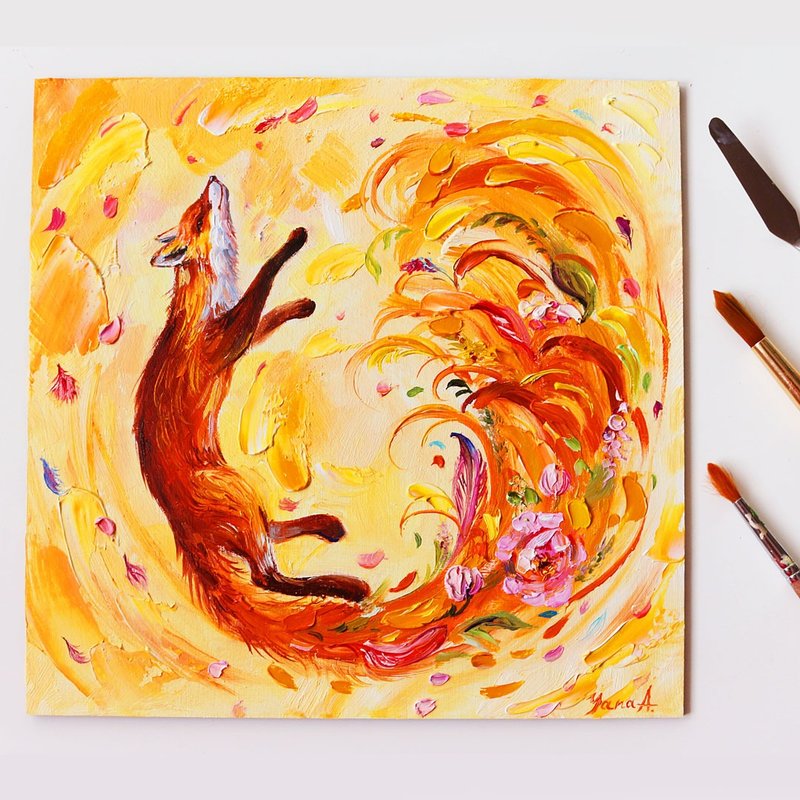 Fox Oil Painting Original Textured Handmade Artwork - 壁貼/牆壁裝飾 - 木頭 橘色