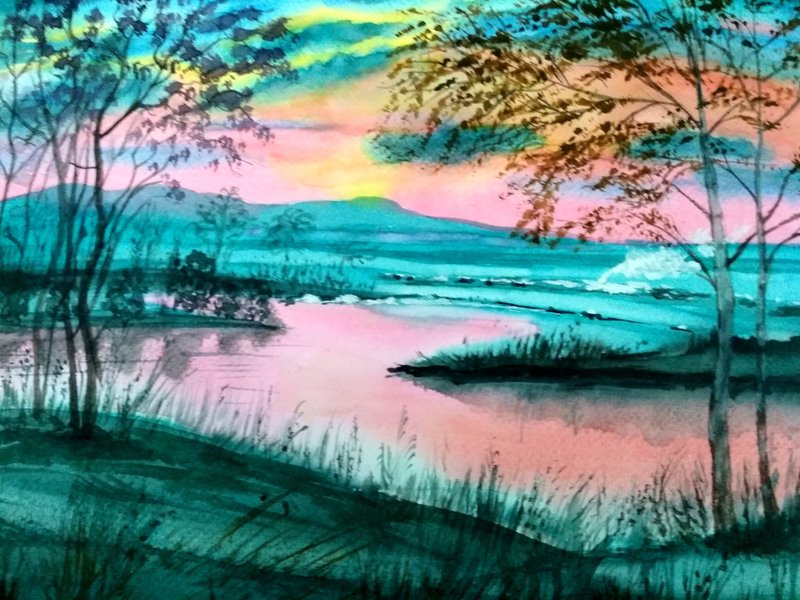 Original watercolor painting Pink sunset. 24x32 cm. Unframed. - 壁貼/牆壁裝飾 - 紙 