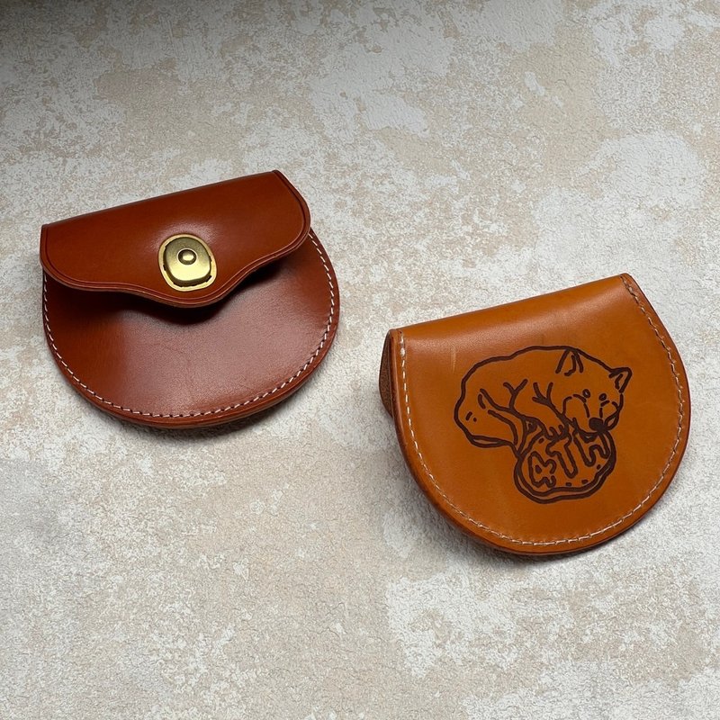 [Customized] Vegetable tanned leather saddle coin purse genuine leather material design image/text gift giving - กระเป๋าใส่เหรียญ - หนังแท้ สีนำ้ตาล