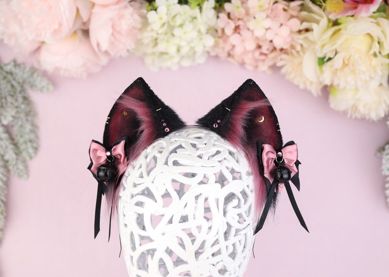 Dark Mauve Cheshire Cat Ears Faux Fur Cat Ears Headband - 髮夾/髮圈 - 其他人造纖維 黑色