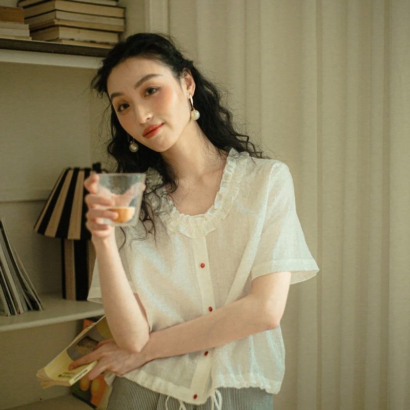 安妮陳100亞麻木耳領襯衫 女夏新款高級感小個子減齡氣質寬松上衣 - 女上衣/長袖上衣 - 其他材質 多色