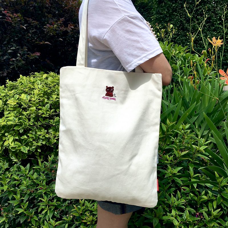 The.Playing.Forest-Chief Embroidery Canvas Tote / White - กระเป๋าแมสเซนเจอร์ - ผ้าฝ้าย/ผ้าลินิน ขาว