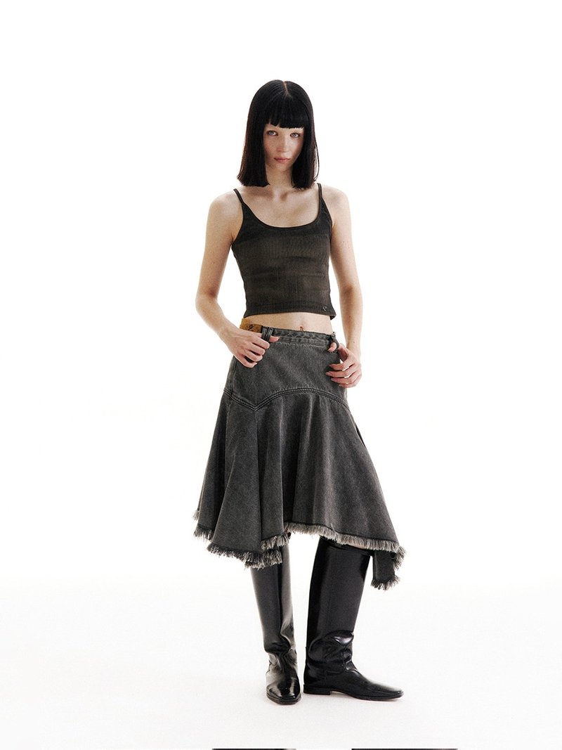 Label Dislocation Denim Skirt 錯位水洗牛仔裙 - 裙子/長裙 - 其他材質 灰色
