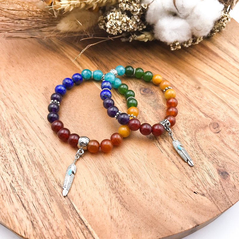 Rainbow Lover 1+1 Hand Stone Natural Chain Set | Customized Gift Handmade Seven Mineral Pendant Optional - Bracelets - Gemstone Multicolor