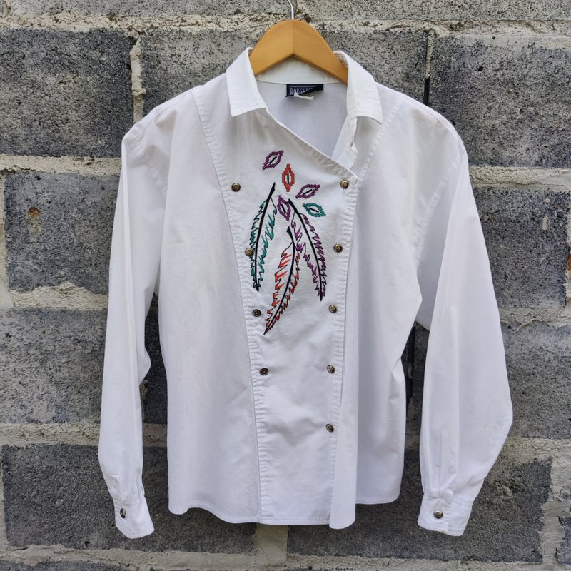 Vintage 80s Rough Rider Women's Button Up Native American Embroidered Western Sh - 女襯衫 - 棉．麻 白色