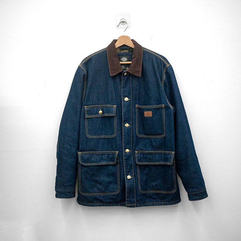 DICKIES Original Denim Work Jacket Wool Corduroy Collar Vintage Used - Men's Coats & Jackets - Cotton & Hemp Blue