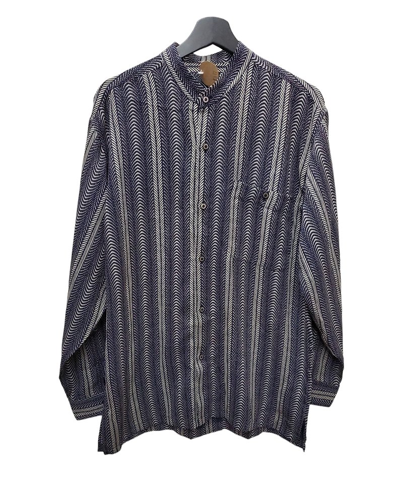 Wear politely. Vintage chiffon henley collar geometric stripes dark blue long lining. Wear politely. - Men's Shirts - Cotton & Hemp Blue