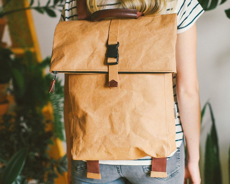 Brown Rucksack Backpack, Brown Backpack, Folded Top Backpack, Rolltop Brown