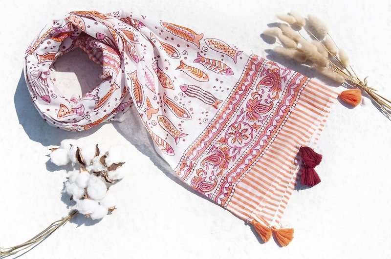 Handmade Woodcut Printed Plant Dyed Scarf - Knit Scarves & Wraps - Cotton & Hemp Multicolor