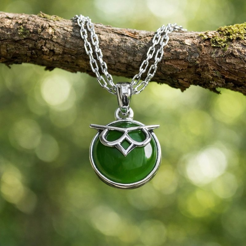 丸々 フクロウ 玉 ペンダント 天然ジェダイト A貨 10 mm 925 スターリングシルバー ギフト - ネックレス - 宝石 グリーン