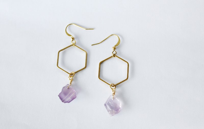Amethyst irregular raw stone earrings 14K Note gold US ear hook - Earrings & Clip-ons - Paper Purple