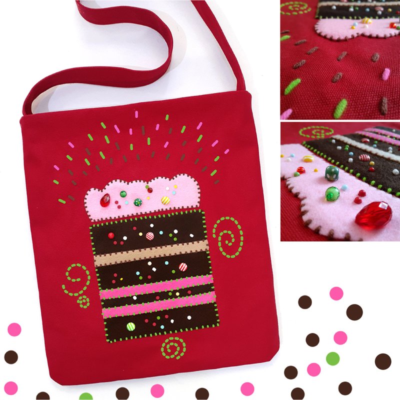 12x14 inch tote. Fun and original with hand-stitched design with felt and beads - 手提包/手提袋 - 繡線 紅色