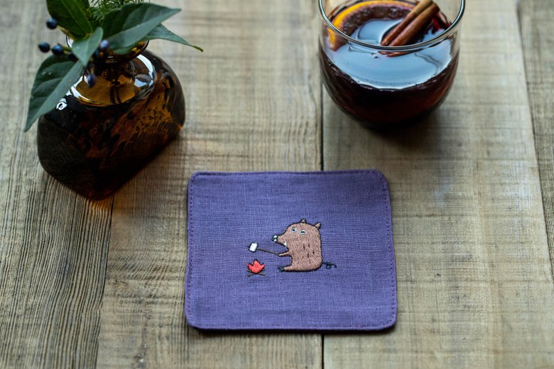 Boar embroidered coaster dark purple - Coasters - Cotton & Hemp Purple