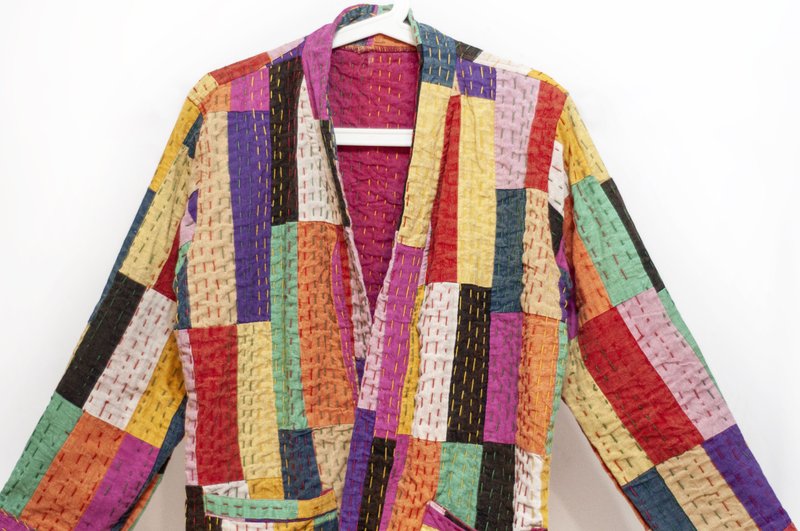 女裝 手工刺繡棉質外套 印度純棉 水洗拼接長袖拼布外套-彩色方塊 - 女大衣/外套 - 棉．麻 多色