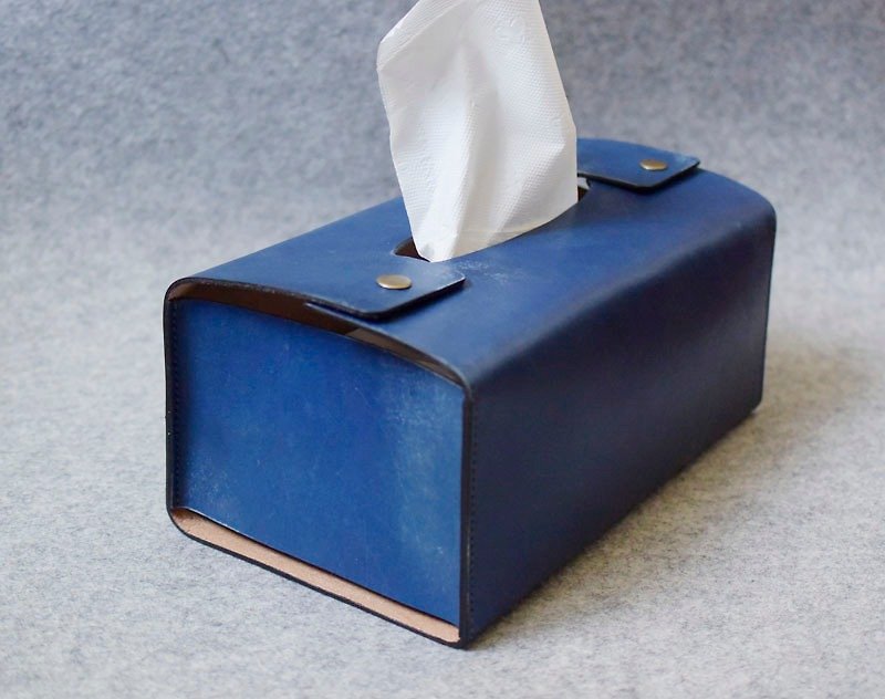YOURS手工皮件 面紙盒皮套(適用軟式包裝) 藍色刷白復古皮革 - 居家收納/收納盒/收納用品 - 真皮 