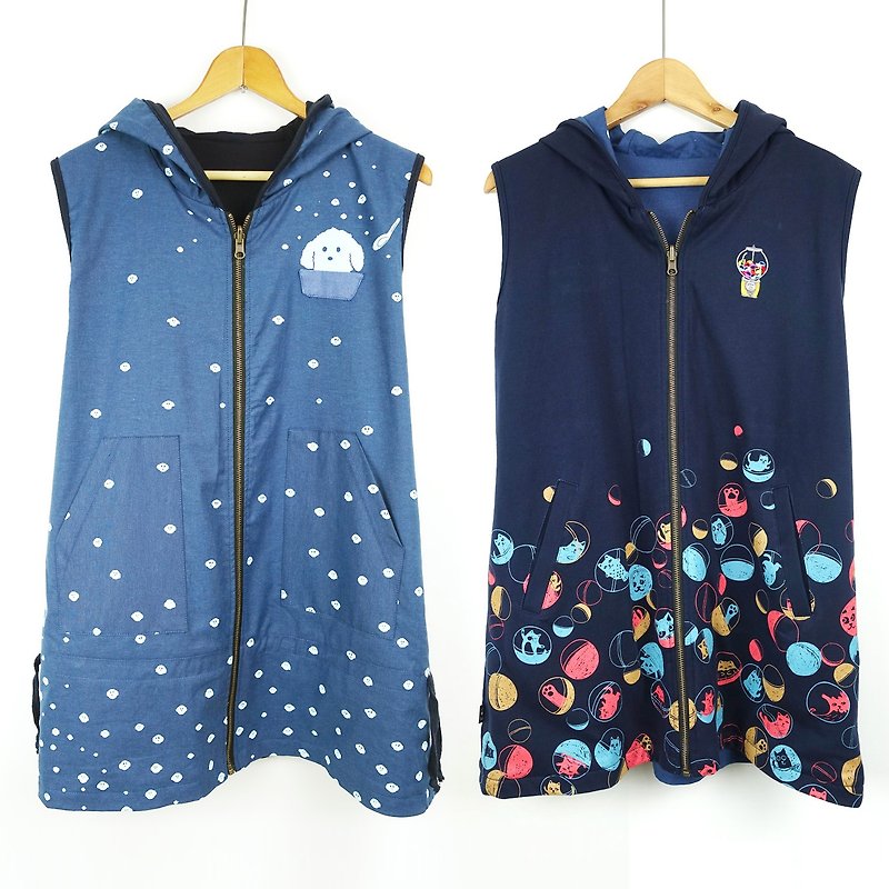 Double-sided wearable vest coat [Capsule cat + snow ice dog] - Women's Casual & Functional Jackets - Cotton & Hemp Blue