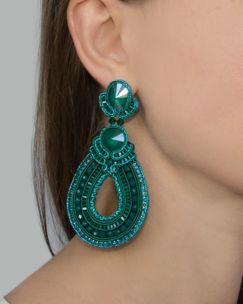 Hoop teardrop beaded earrings in emerald color - Earrings & Clip-ons - Other Metals Green