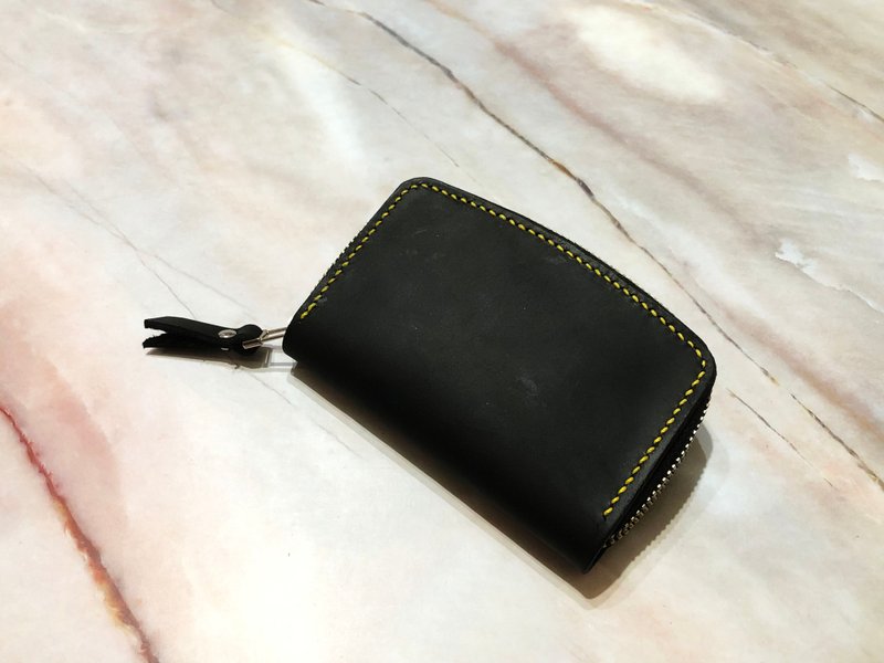 Crazy Horse Leather Zip Card Coin Purse Leather Full Hand Sewing - กระเป๋าสตางค์ - หนังแท้ สีดำ