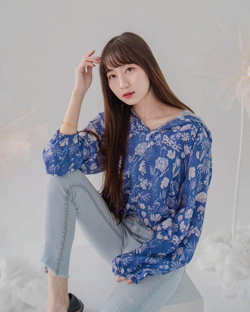 [Chiba, Japan] Charming and relaxed hooded casual adult shirt, retro glazed cyan Tencel - เสื้อเชิ้ตผู้หญิง - ผ้าฝ้าย/ผ้าลินิน สีน้ำเงิน