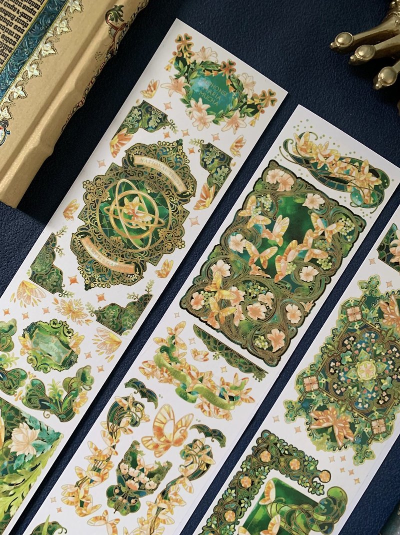 Mucha Autumn Garden Emerald Vintage Pattern PET Laser Gold Washi Tape Made in Taiwan - มาสกิ้งเทป - วัสดุอื่นๆ สีเขียว