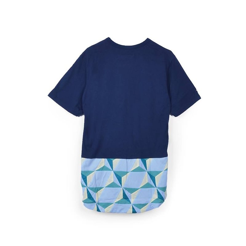 oqLiq  - スレッド - 裾カラーステッチTシャツ（ブルー）の後 - Tシャツ メンズ - コットン・麻 ブルー