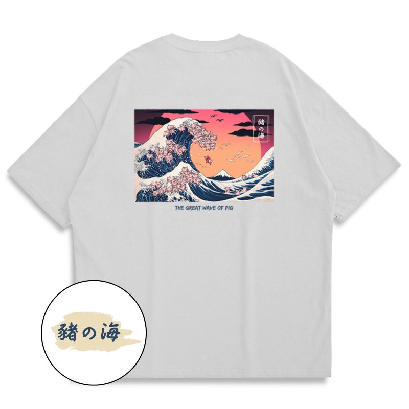 【CREEPS】Great Wave of Pig 寬鬆重磅印花T恤 210g - 男 T 恤 - 棉．麻 多色