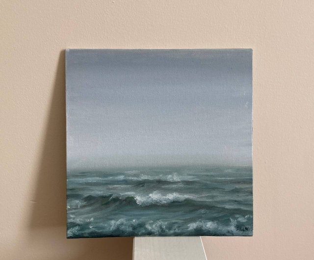 風景画 キャンバスに描かれた海 霧の波 海のアート 油絵 手描き