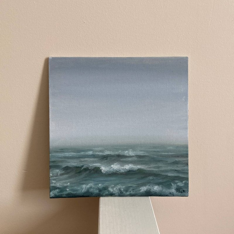 Landscape Painting Ocean On Canvas Fog Wave Ocean Art Oil Painting Hand Painted - โปสเตอร์ - ผ้าฝ้าย/ผ้าลินิน สีเทา