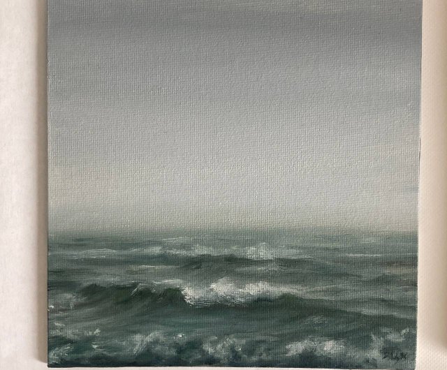 風景画 キャンバスに描かれた海 霧の波 海のアート 油絵 手描き