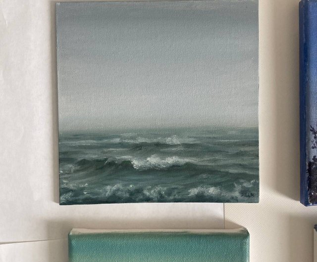 風景画 キャンバスに描かれた海 霧の波 海のアート 油絵 手描き
