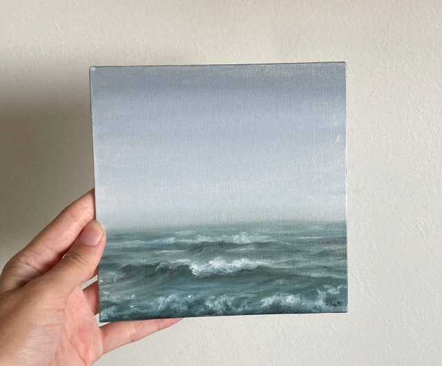 風景画 キャンバスに描かれた海 霧の波 海のアート 油絵 手描き