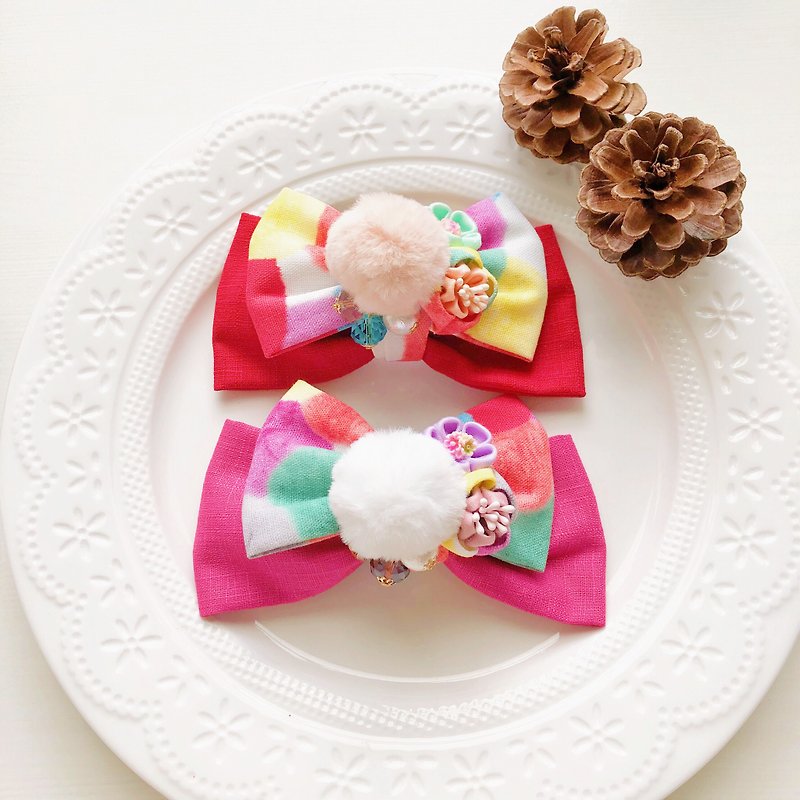 Printed Japanese style and wind plush hair ball butterfly beads spring clip - เครื่องประดับผม - ผ้าฝ้าย/ผ้าลินิน สีแดง