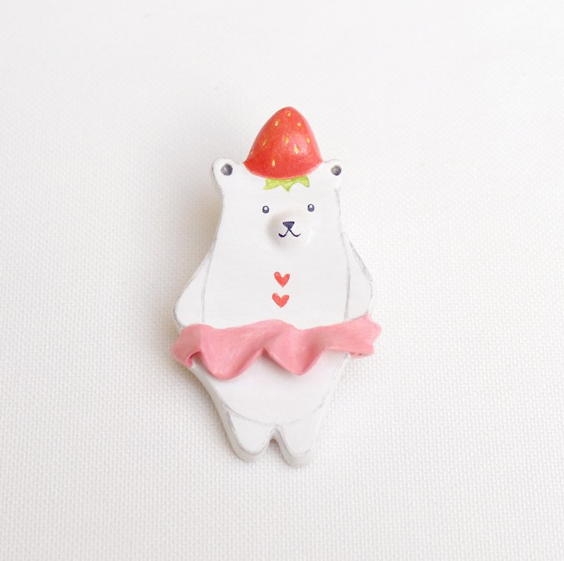 Handmade strawberry polar bear  brooch - Brooches - Clay Pink