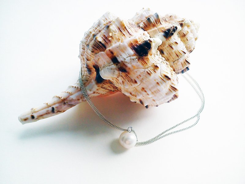其他金屬 項鍊 銀色 - 十四吋吊珠 自家設計淡水珍珠項鍊-純白鏈-Sea Breeze系列