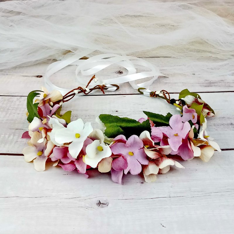 Flower crown, Rustic wedding crown, pink rose wreath, hair accessories C16 - เครื่องประดับผม - ผ้าไหม สึชมพู