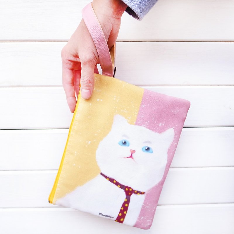 Serious white cat canvas clutch bag - Clutch Bags - Cotton & Hemp Pink
