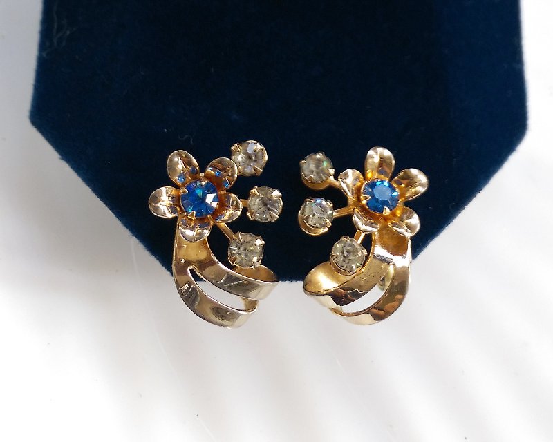其他金屬 耳環/耳夾 金色 - 西洋古董飾品。 花形捲葉 流星 優雅藍鑽花朵  栓式耳環
